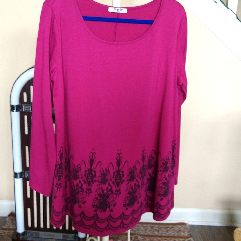 HIBELLE Woman's Plus Long Sleeve Scoop Neck Tunic in Light Magenta Size XXL